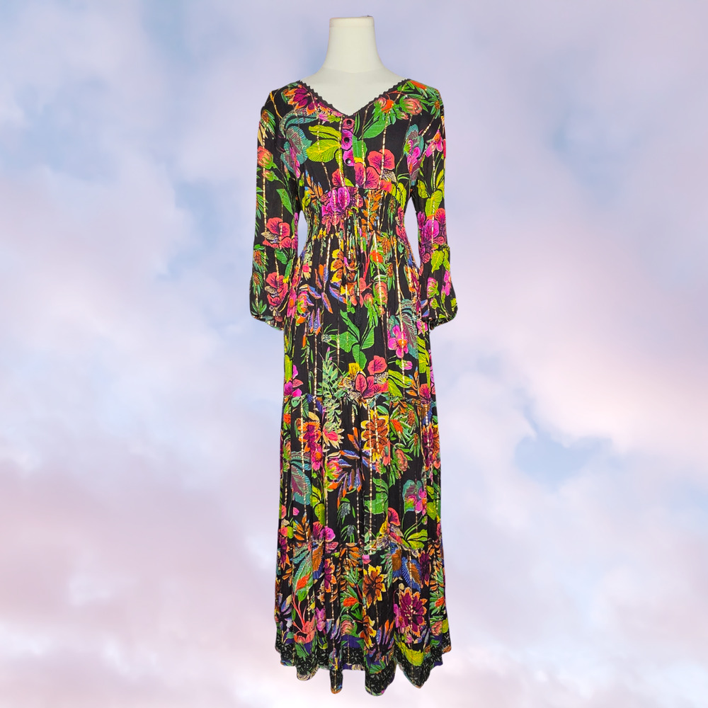 Me 2 Magic Black Floral Metallic Gold Viscose Boho Bell Sleeve Maxi Dress Size L